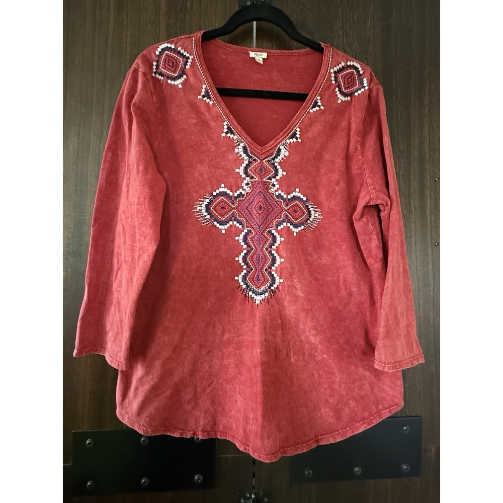 Reba Embroidered Red Boho 3/4 Sleeve Shirt. XL